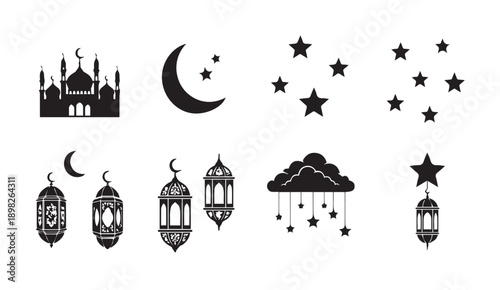 Islamic Symbols Collection: Mosque, Crescent Moon, Stars, Lanterns, Cloud - Vector Icons