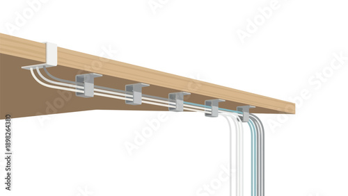 Efficient cable management solution for organizing electronic wires under a wooden desk, perfect for professional office setups or home workspace improvements.