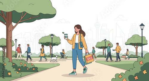 Young woman enjoys a relaxing day walking through a busy city park with coffee and shopping bags on a beautiful sunny day.