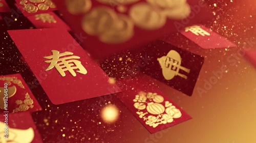 Chinese New Year celebration with red envelopes and gold decorations flying in air