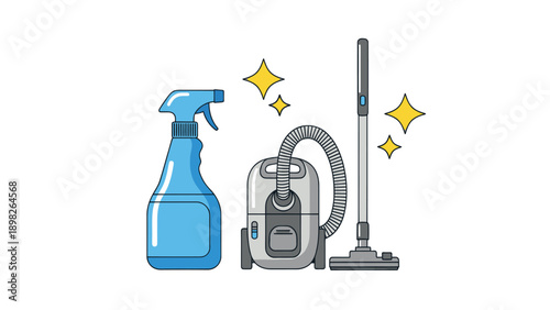 Shiny household cleaning products including a powerful vacuum and multisurface spray bottle, ideal for promoting domestic hygiene services and home maintenance supplies.
