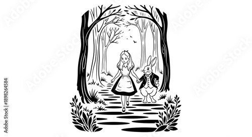 Illustration of Alice and White Rabbit Walking.