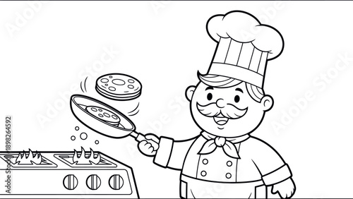 A friendly male chef, dressed in a classic uniform and toque, expertly prepares food by tossing a pancake in a frying pan above a lit gas range, suitable for culinary learning resources and