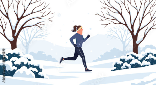 Active young woman in warm sportswear is jogging through a beautiful snowy park for a healthy winter fitness routine.