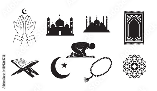 Islamic Symbols Collection: Mosque, Prayer, Quran, Prayer Rug, Rosary, Crescent Moon Icons