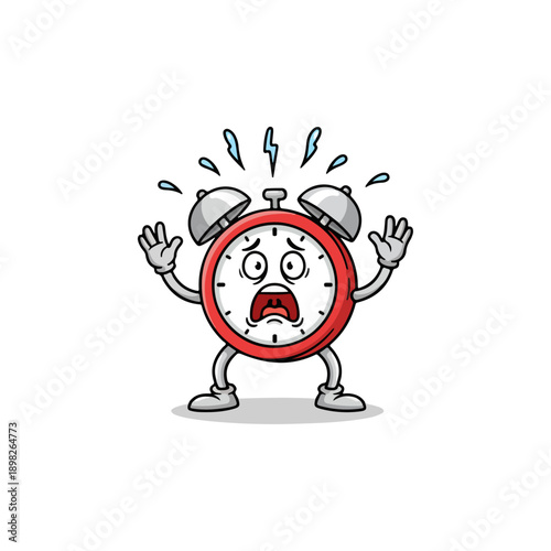 Scared alarm clock cartoon character illustration.