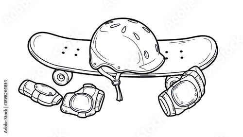 Essential skateboarding equipment featuring a classic skateboard, a protective helmet, and safety pads, perfect for active lifestyle branding and youth sport education materials
