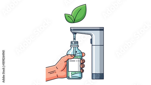 Hand refilling a reusable bottle with natural green liquid from a sustainable dispenser, emphasizing ecofriendly practices and responsible consumption for green living initiatives and