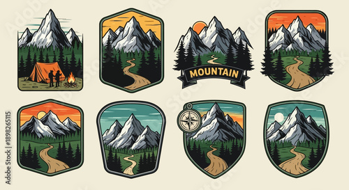 Mountain Landscape Badges with Various Designs.
