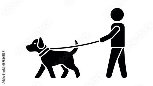 Simple graphic representation of a human figure walking a domestic dog on a lead, suitable for informational material, community notices, and pet related business branding.