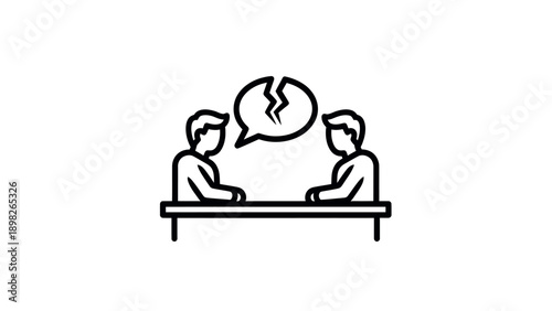 This modern outline icon featuring two individuals seated across a table with a broken speech bubble signifies miscommunication, conflict, or dispute resolution, ideal for business,