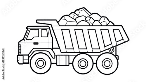 Heavy duty construction dump truck outline filled with crushed stone and rubble ready for transport and excavation projects for childrens coloring pages or simple graphic representations