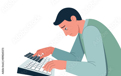 Stressed man diligently typing on a computer keyboard and calculator, facing financial difficulties or budgeting challenges, ideal for personal finance and mental health campaigns.