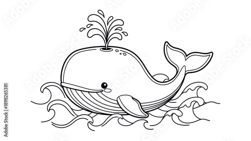 Adorable whale swimming playfully in ocean waves with a water spout, perfect for childrens coloring books, marine life educational resources, and engaging aquatic themes.