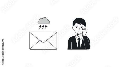 A worried business professional reacts to a symbolic bad news message, an envelope under a stormy cloud with lightning, representing an urgent problem or crisis for corporate communications