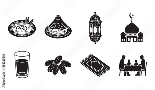 Ramadan Icons: Dates, Iftar Meal, Lantern, Mosque, Prayer Mat, Family Dining, Stock Graphics