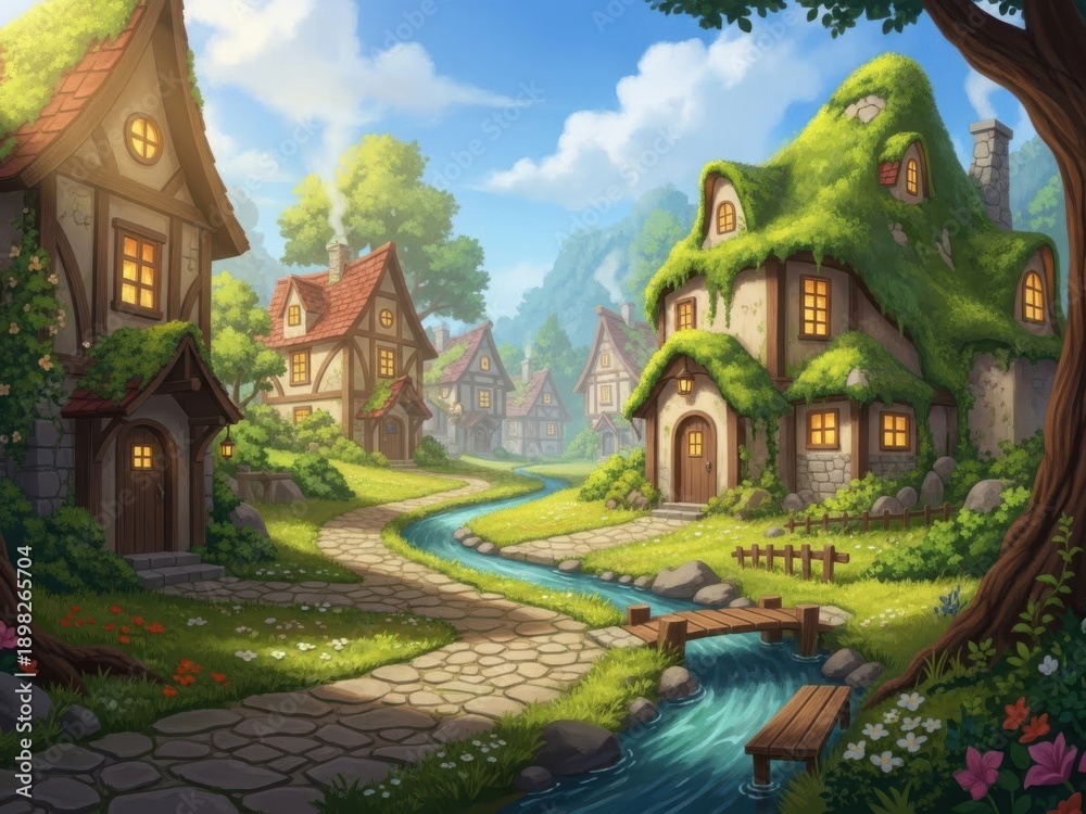Naklejka premium Fantasy village with mossy houses and stream running through