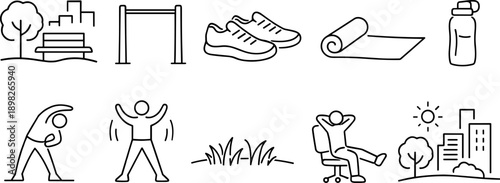 Collection of line art icons representing outdoor activities and relaxation in a city park setting
