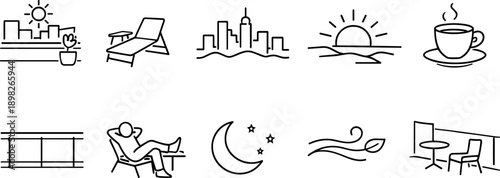 Collection of line art icons representing relaxation, city life, and nature scenes