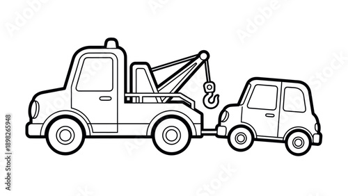 A simple black outline drawing of a tow truck actively pulling a small broken down car, suitable for childrens coloring books, educational vehicle materials, and automotive graphic design