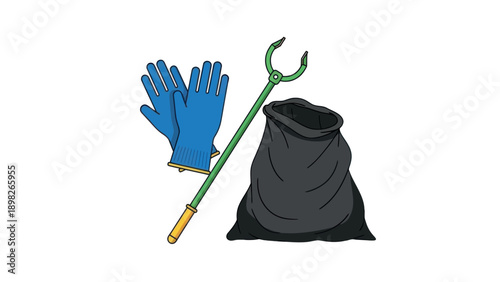 Practical blue work gloves, a sturdy green grabber tool, and an open black garbage bag for effective litter collection, ideal for environmental cleanup campaigns and community service