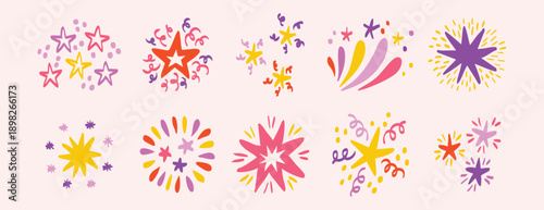 Star firework pink girly set collection doodle hand drawn icon. Outline drawing sparkle line clipart symbol.