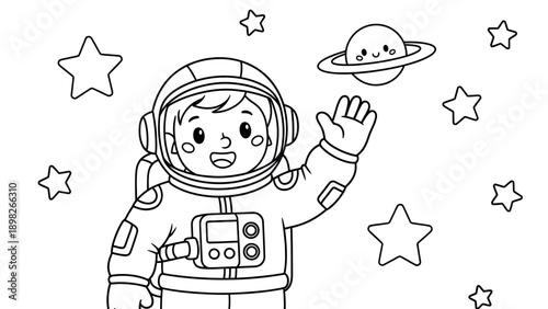 Charming young astronaut waving in outer space surrounded by cute stars and a smiling planet, ideal for kids coloring activities, school projects, and universe exploration concepts.