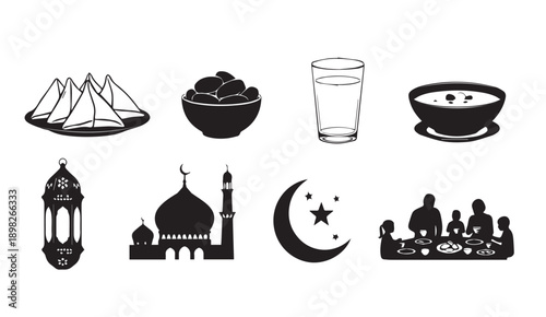 Ramadan Icons: Mosque, Lantern, Dates, Samosas, Family Meal, Moon & Stars