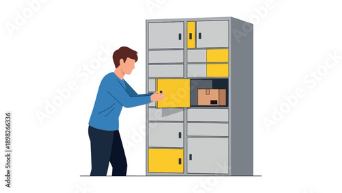 A man opens a yellow compartment in a modern selfservice parcel locker system, likely for depositing or picking up a package, useful for illustrating automated delivery and storage
