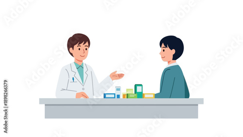 An Asian pharmacist in a white coat is providing professional medical advice and discussing prescription medication with an Asian patient at a service counter, ideal for healthcare