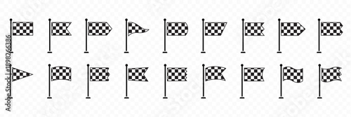 Checkered flag and racing icons for motorsport victory, speed rally competition, win or podium finish in race event. Navigation waving flag pins, wayfinding pennant symbols vector isolated set
