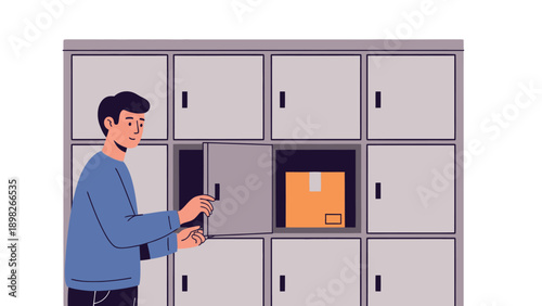 Young man retrieving a package from a locker unit, perfect for concepts like selfservice parcel delivery, mail pickup, and secure storage solutions in modern logistics.