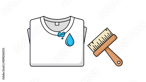 Freshly laundered white garment with blue water stain droplets and a clothes cleaning brush for illustrating laundry care solutions or garment stain removal concepts in home textile