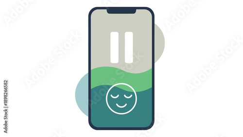 A modern smartphone with a pause symbol and a calm face emoji on its screen, illustrating digital detox, meditation apps, or a mindful break for personal wellbeing.