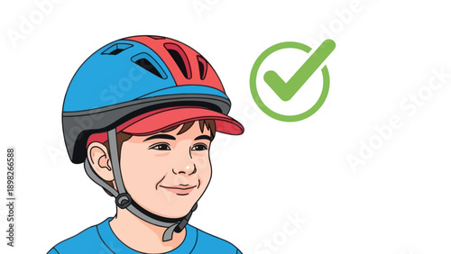 Young boy happily wearing a properly fitted and fastened bicycle helmet, demonstrating safety and responsible cycling habits for educational materials and childrens health campaigns