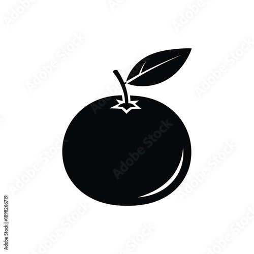 Black silhouette of an orange with a leaf and stem isolated on a white Background