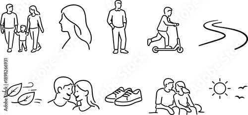 Collection of simple line art icons representing family, relationships, and outdoor activities