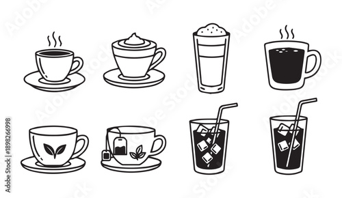 Set of eight hand-drawn beverage icons: coffee, tea, and iced drinks