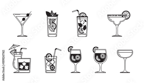 Set of nine cocktail drinks in various glasses, line art vector icons