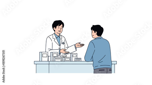 An Asian male pharmacist or doctor in a white coat talks to an Asian male customer at a counter with medical products, providing health advice for healthcare services and medical