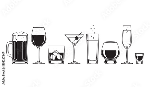 Assorted Alcoholic Drinks in Glasses Vector Illustration