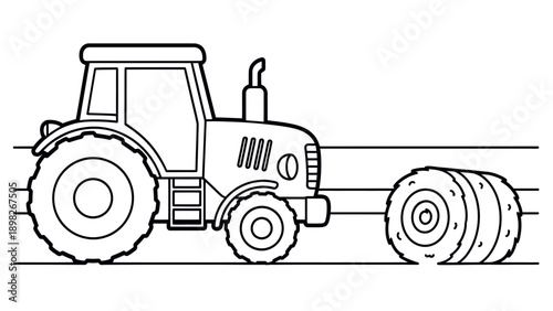 Simple line drawing of a farm tractor operating agricultural equipment producing round hay bales, suitable for educational materials, childrens coloring books, and farming concepts
