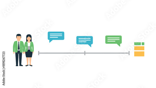 Professional male and female collaborate on a communication timeline leading to organized information, perfect for demonstrating business process, strategy, or development