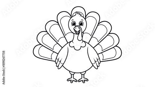 Friendly happy turkey outline drawing for childrens educational activities and holiday fun ideal for coloring books and printable craft projects