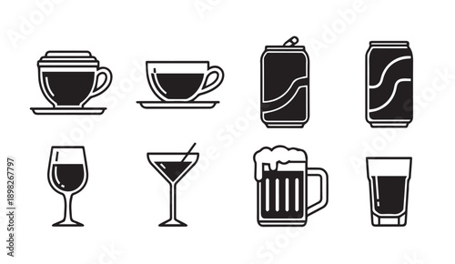 Assorted Drink Icons: Coffee Cups, Cans, Wine Glass, Martini, Beer Mug, Shot Glass