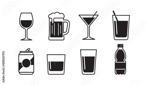 Assorted Drink Icons: Wine Glass, Beer Mug, Martini, Soda, Water Bottle, Glasses - Vector Art