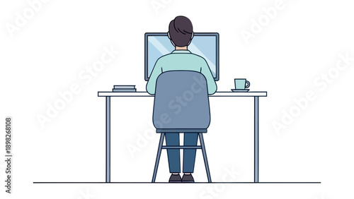 A person sitting at a desk concentrating on a computer screen, from a rear perspective, depicting modern work, study, or online communication for various digital content
