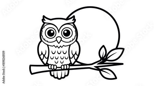 Adorable wise owl perched on a leafy tree branch in front of a full moon outline perfect for coloring books, educational activities, or childrens themed projects and nocturnal animal studies
