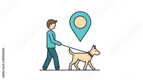 A person walking their dog on a leash, depicted with a prominent map location pin, perfect for communicating petfriendly places, services, or navigational guidance for owners and community
