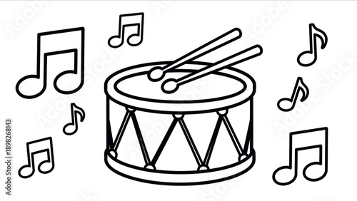 Classic outline drawing of a percussion drum and drumsticks surrounded by various music notes, perfect for educational materials, kidfriendly projects, or graphic elements in musical themes
